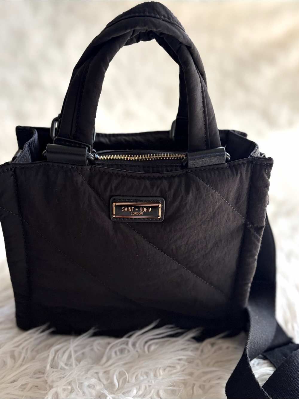 Saint + Sofia Mini Penny Tote Bag – Black Quilted Eco-Nylon Crossbody